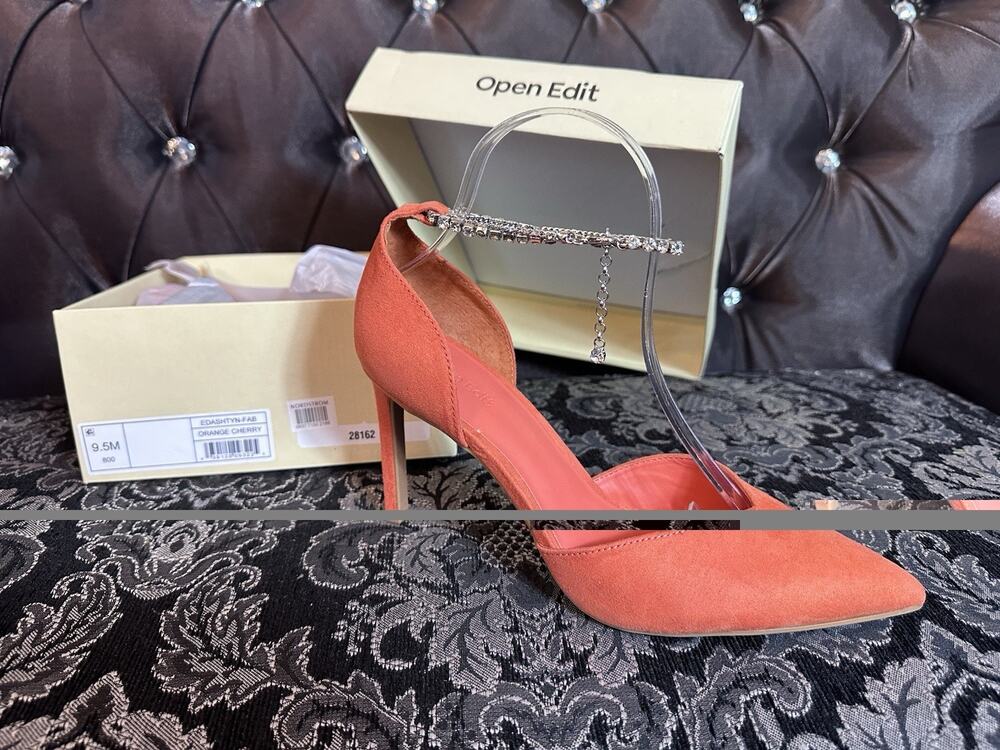Open Edit Heels 9.5 Orange Cherry Pointed Toe Pump Rhinestone Ankle Chain NIB